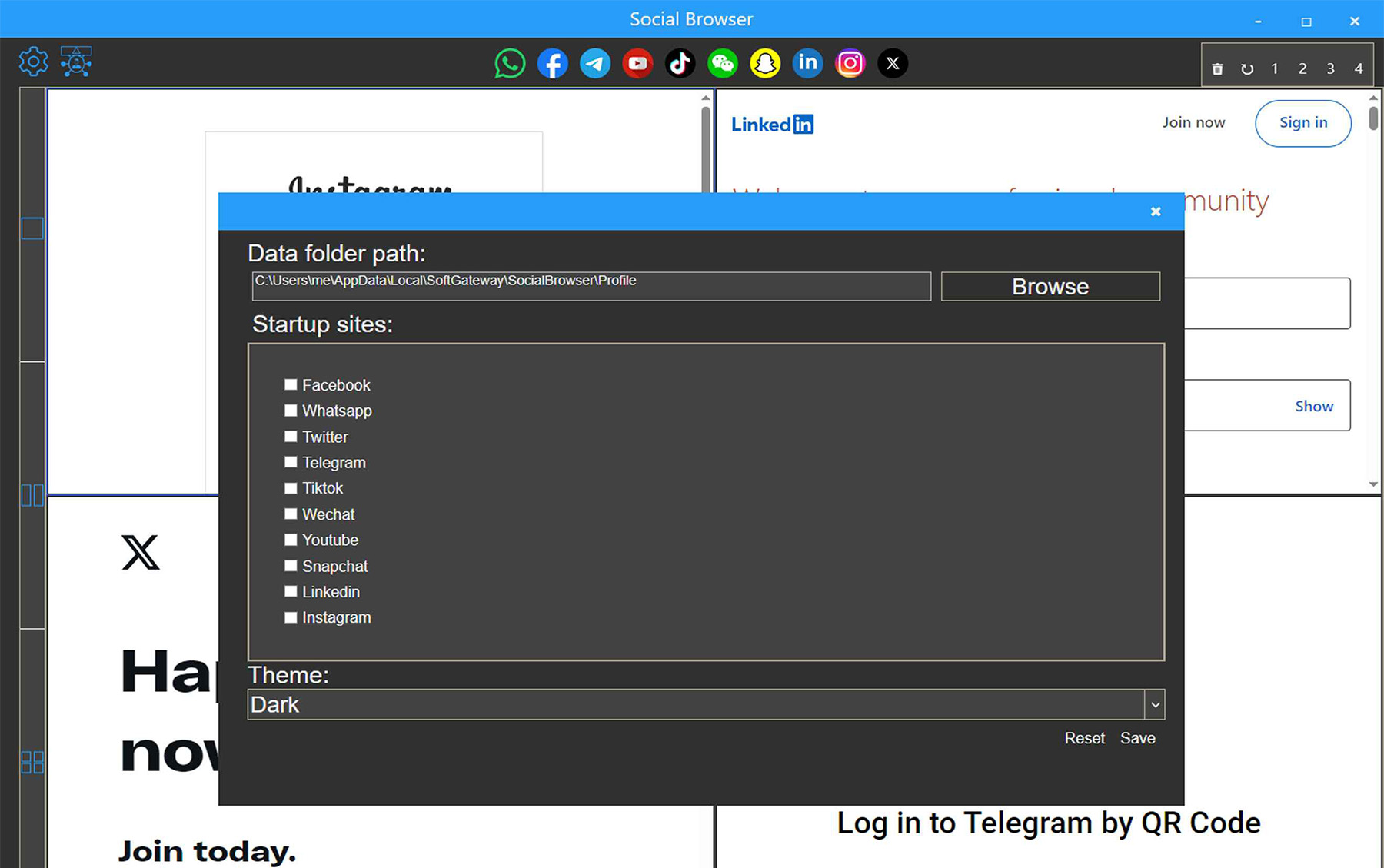 One Social Browser screen